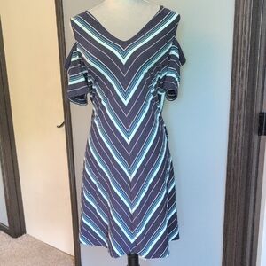 WHBM Blue Chevron Stripe Cold Shoulder Dress Large